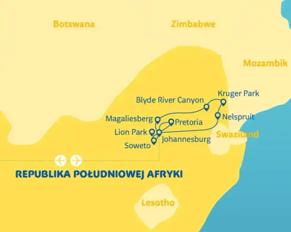 Mapa turystyczna Republiki Południowej Afryki z zaznaczonymi miastami: Johannesburg, Pretoria, Soweto, Kruger Park i innymi.