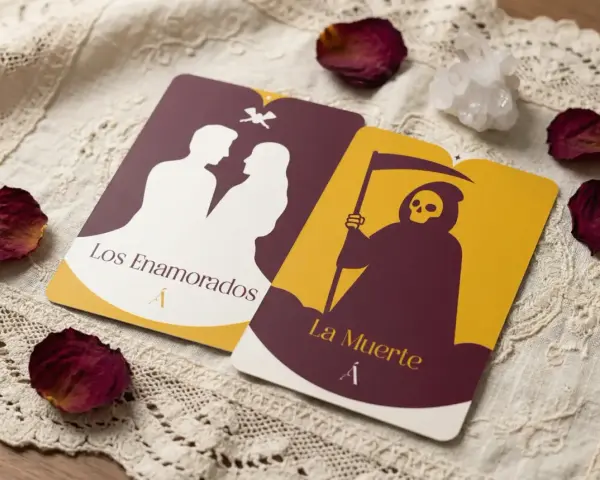 Dos cartas de tarot, "Los Enamorados" y "La Muerte", yacen sobre tela de encaje, rodeadas de pétalos de rosa secos y un cristal.