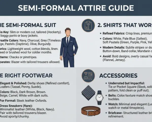 Guida all'abbigliamento **semi-formal**: abiti eleganti, camicie raffinate, scarpe classiche e accessori curati per un look impeccabile.
