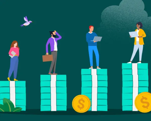 Personas en pilas de dinero, un ejemplo de competencia monopolística.