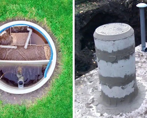 Betonowe szambo z drenażem, widok wnętrza z rurami i zewnętrzna część z włazem.