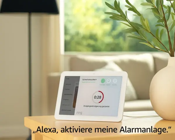 Ein Smart Display zeigt die Benutzeroberfläche eines Sicherheitssystems mit dem Ring-Logo. Alexa steuert das System, das über Zigbee kommuniziert.