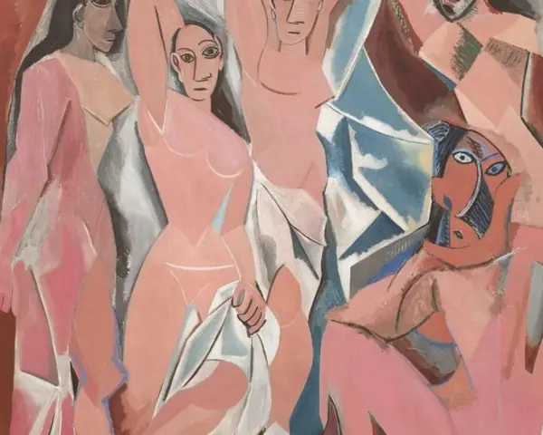 Les demoiselles d'Avignon : cinq femmes aux formes cubistes, certaines nues, dans une composition audacieuse.