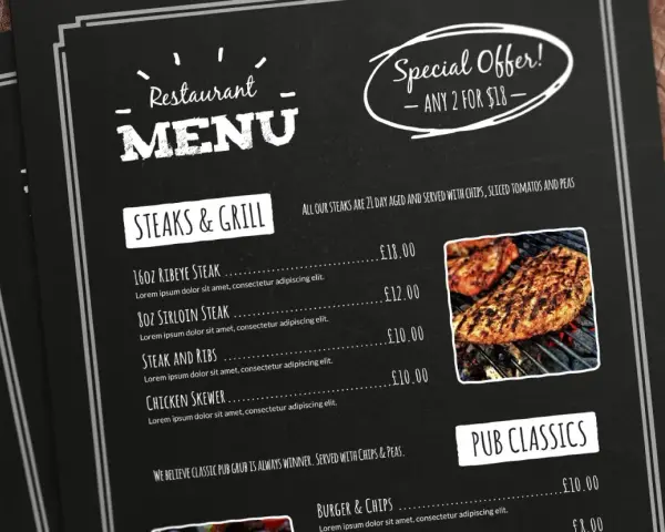 Menú de restaurante con "Steaks & Grill" y "Pub Classics". La **menu engineering** se refleja en la oferta especial "2 por $18".