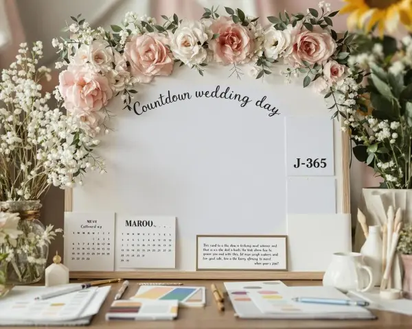 J-365 mariage : un tableau de compte à rebours décoré de roses et de gypsophile, avec des calendriers et des notes.