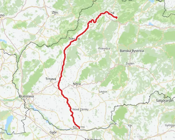 Mapa pokazuje trasę dookoła Tatr, biegnącą przez Słowację i Węgry, z zaznaczonymi miastami jak Żylina, Trenczyn, Trnawa, Nitra, Nowe Zamki, Komárno, Győr i Bratysława.