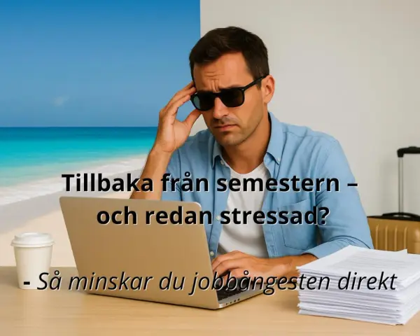 Tillbaka efter semestern och redan stressad? Mannen med solglasögonen på kontoret med en strandbild som bakgrund.