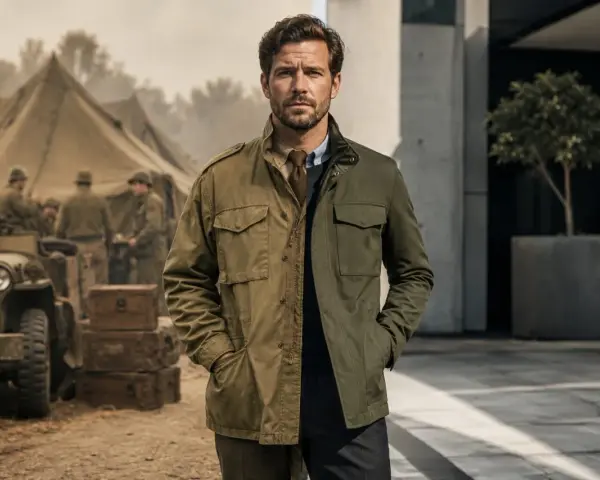 Un uomo indossa una field jacket, un capo iconico che unisce stile militare e moderno. Sullo sfondo, un campo militare con tende e jeep.
