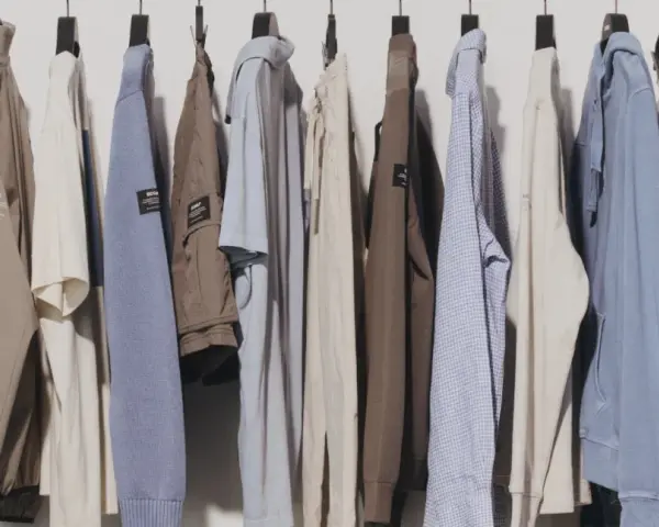 Una fila di abiti casual da uomo, con un'estetica che richiama il significato di moda evergreen: giacche, maglioni e pantaloni in tonalità neutre.