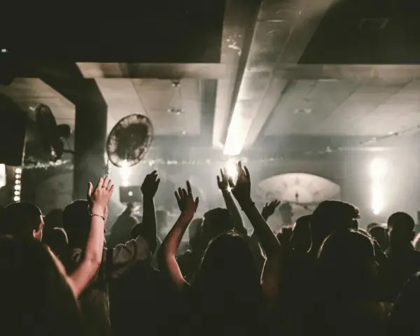 Tłum na koncercie, ręce w górze, atmosfera jak na występie phonk artists.