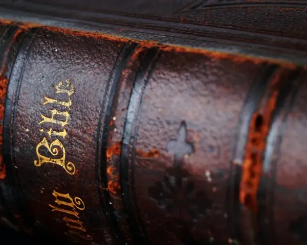 Stara, skórzana oprawa Biblii. Złoty napis "Bible" i zdobienia. W tej księdze znajdziemy historie o tym, jak zginęli apostołowie.