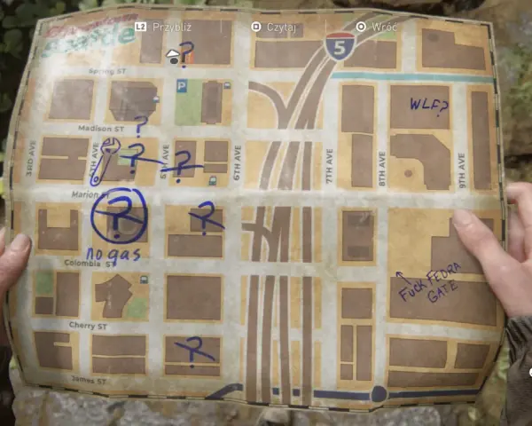 Mapa z zaznaczonymi miejscami, notatkami typu "no gas" i "Fuck FEDRA GATE". Szukamy kodu do bramy w The Last of Us 2.