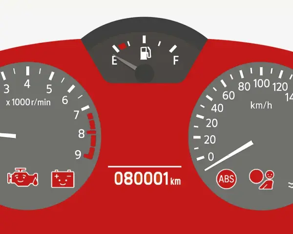 Panel kontrolki Volkswagen: obrotomierz, prędkościomierz, wskaźnik paliwa, kontrolki ABS, pasów, silnika, baterii i temperatury.