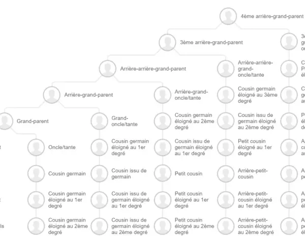 Arbre généalogique illustrant qu'est ce qu'un lien de parenté, de "VOUS" aux arrière-grands-parents et cousins éloignés.
