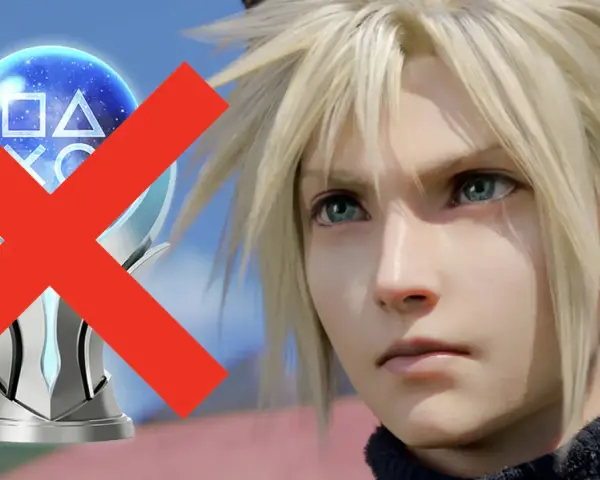Cloud Strife mira al frente, con un trofeo de platino de Final Fantasy VII Remake tachado con una X roja.