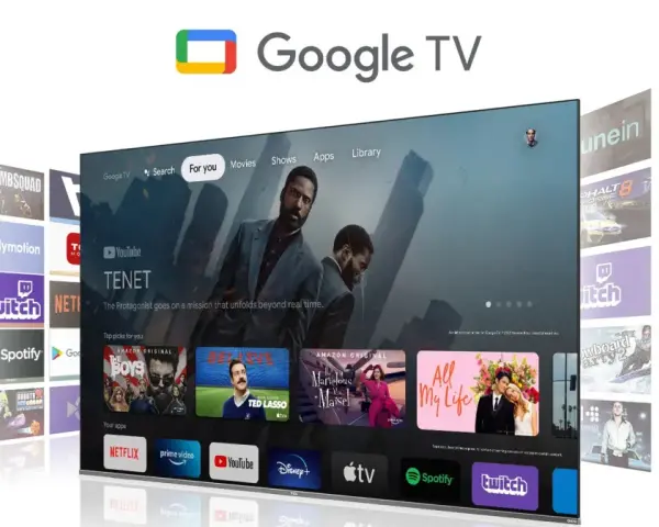 Nowoczesny telewizor z interfejsem Google TV, prezentujący filmy i aplikacje. Odkryj świat rozrywki na swoim ekranie.