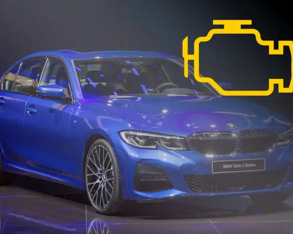 Niebieskie BMW Serii 3 z żółtym symbolem silnika, wskazującym na błąd DTC 4212.