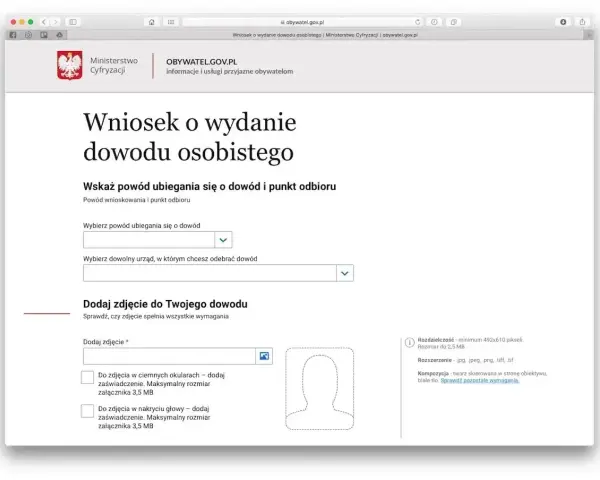 Formularz wniosku o dowód osobisty dla dziecka. Wpisz powód, wybierz urząd i dodaj zdjęcie.