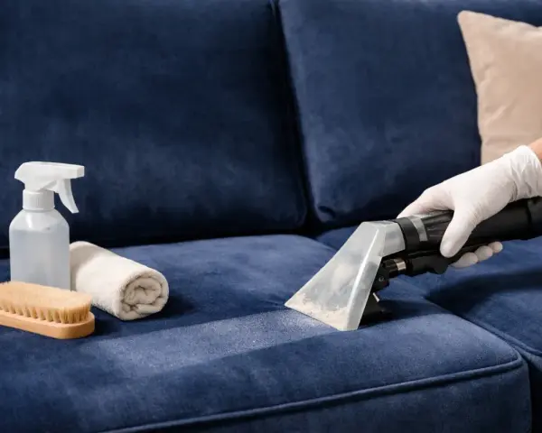 Nettoyer tache canapé velours : un aspirateur extrait la saleté d'un tissu bleu. Brosse, serviette et spray à proximité.