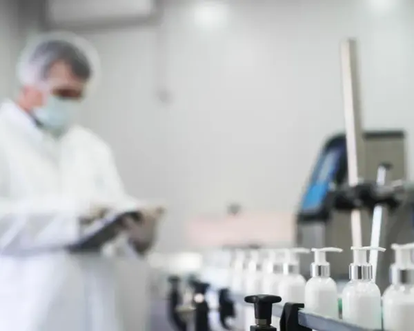 Pracownik w białym fartuchu i masce kontroluje linię produkcyjną z buteleczkami zawierającymi składnik phenoxyethanol.
