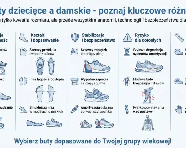Porównanie butów dziecięcych i damskich: budowa, kształt, stabilizacja, ryzyko dla dorosłych, wskazówki zakupowe. Poznaj części buta i nazwy.