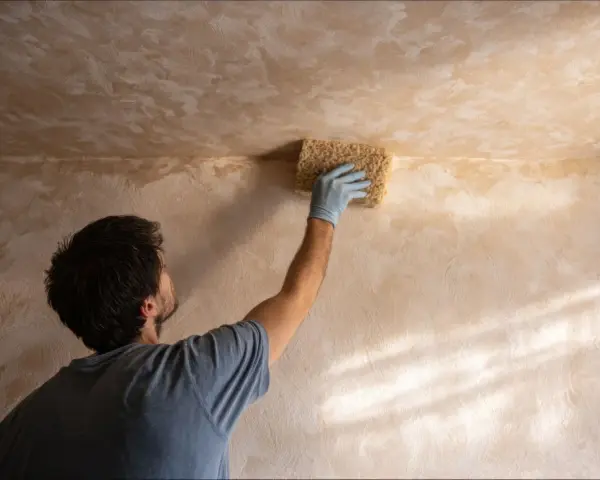 Hombre con guante azul usa esponja para sanear pared con textura.
