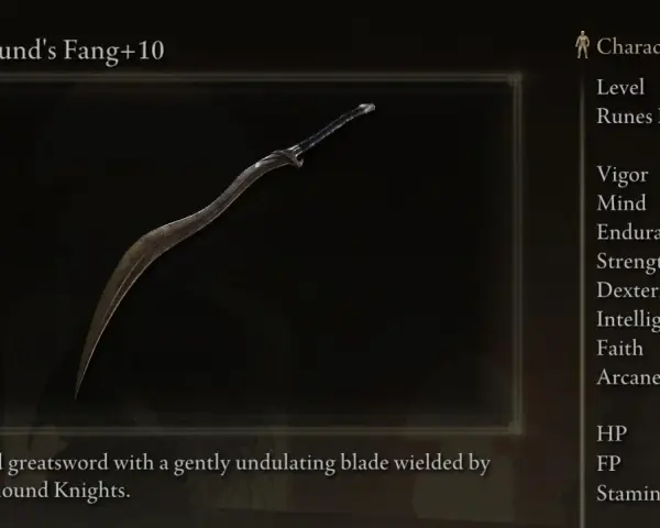 La "Bloodhound's Fang" es una de las mejores armas destreza en Elden Ring, una gran espada curva con una hoja ondulante.