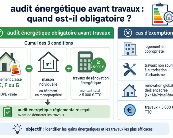 Schéma expliquant quand un audit énergétique est obligatoire avant travaux : conditions (logement E, F ou G, maison individuelle, travaux ≥ 5000€) et cas d'exemption.