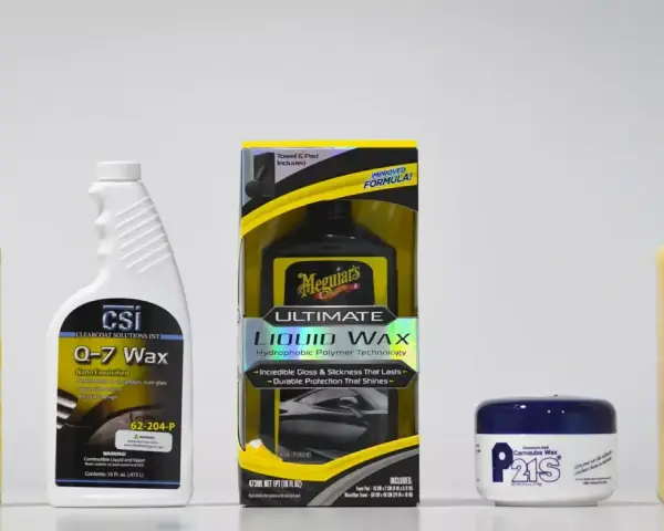 Comparing liquid wax vs paste wax: Chemical Guys Butter Wet Wax, CSI Q-7 Wax, Meguiar's Ultimate Liquid Wax, P21S Carnauba Wax, and Collinite Insulator Wax.