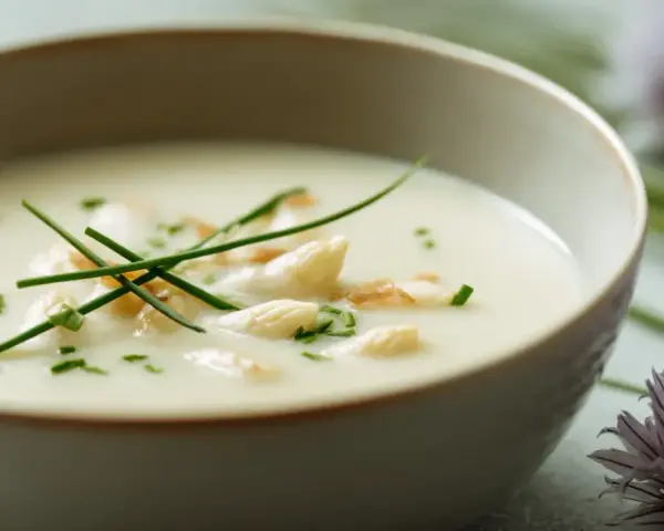 Un bol de velouté d'asperges blanches, garni de brins de ciboulette et de morceaux d'asperges. Des fleurs d'ail ornent le bord.