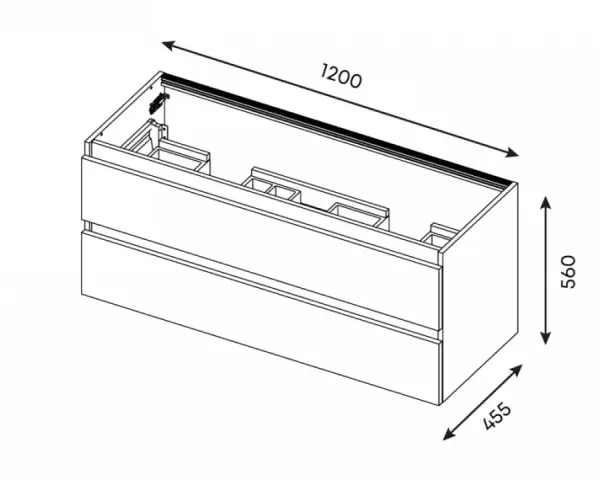 Meuble de salle de bain avec deux tiroirs. Dimensions : 1200 mm de largeur, 560 mm de hauteur et 455 mm de profondeur.