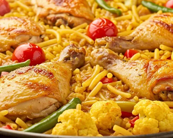 Deliciosa fideuà de pollo con trozos dorados de pollo, fideos finos, tomates cherry, pimientos verdes y coliflor.
