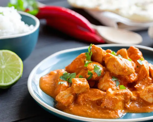 Un saporito spezzatino di pollo in salsa cremosa, guarnito con prezzemolo fresco, accompagnato da riso bianco, lime e peperoncino rosso.