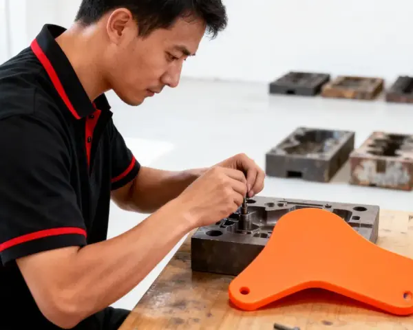 A technician works on a mold, a key step in rapid tooling.