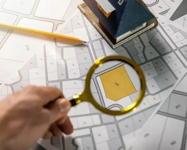 Szukasz informacji, jak sprawdzić zadłużenie księgi wieczystej? Na mapie działka 220 jest badana lupą, obok leży model domu i ołówek.