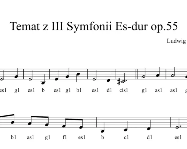 Temat z III Symfonii Es-dur op.55 Ludwiga van Beethovena. Nuty dla fortepianu, ukazujące klucz w muzyce i sekwencję dźwięków.