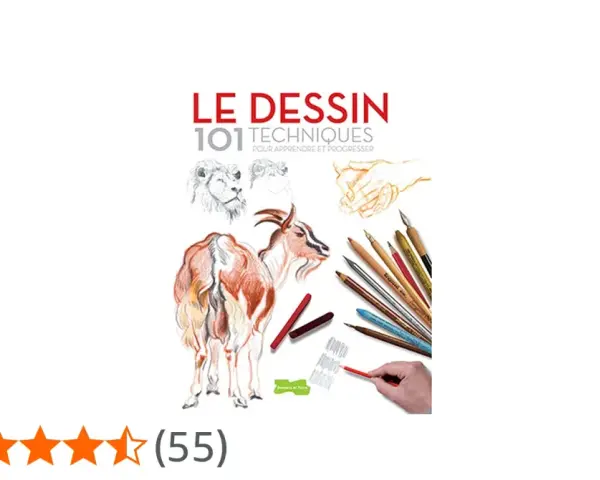 Le livre "Le Dessin, 101 techniques" montre un travail de dessin avec des lions, une chèvre et des mains, ainsi que des crayons et pastels.