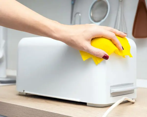 Eine Hand wischt mit einem gelben Tuch über einen weißen Toaster. So einfach ist das Toaster reinigen für ein blitzsauberes Ergebnis.
