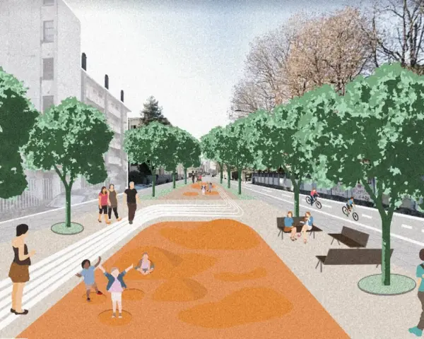 Un'area pedonale vivace, con bambini che giocano e persone che passeggiano, simbolo di **rigenerazione urbana** e spazi verdi ritrovati.