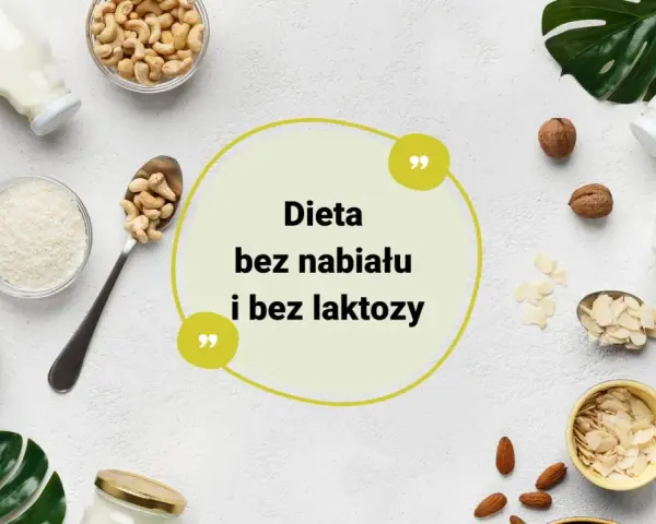 Składniki do diety bez nabiału: mleko roślinne, orzechy, wiórki kokosowe, migdały.