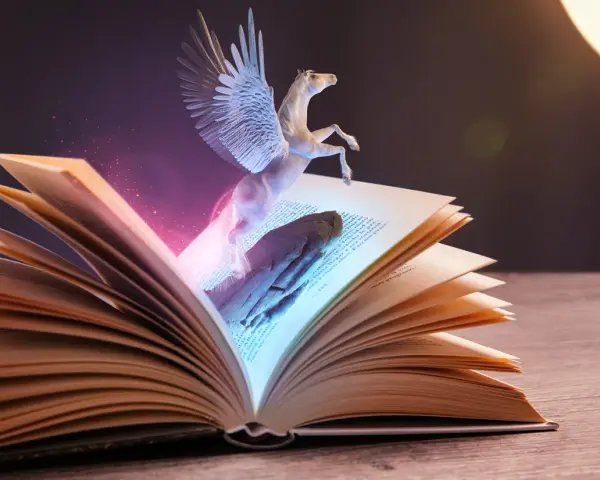 Otwarta księga, z której wyłania się skrzydlaty koń. To właśnie jest **fantasy co to** znaczy – magia i niezwykłe stworzenia ożywiające opowieści.