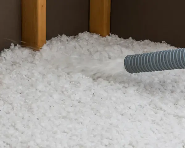 Installazione di isolamento soffiato, simile alla lana di roccia o lana di vetro, in una struttura in legno.