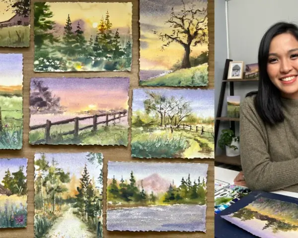 Apprenez comment faire de l'aquarelle maison avec ces paysages bucoliques et une artiste souriante.