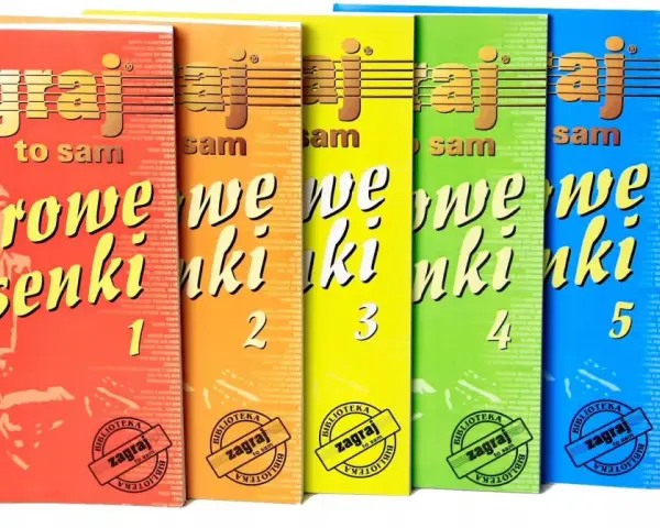Zbiór zeszytów "Zagraj to sam" z piosenkami dla dzieci na gitarę, numery 1-6.