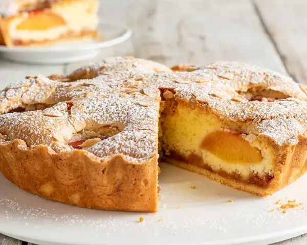 Una fetta di torta alle pesche, con la crosta dorata e un ripieno succoso, cosparsa di zucchero a velo e mandorle.