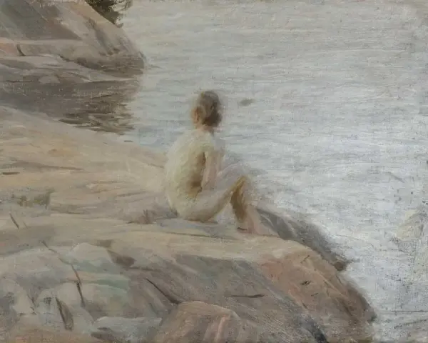 En ung person sitter på en klippa vid vattnet, fångad i Anders Zorns karaktäristiska ljus.