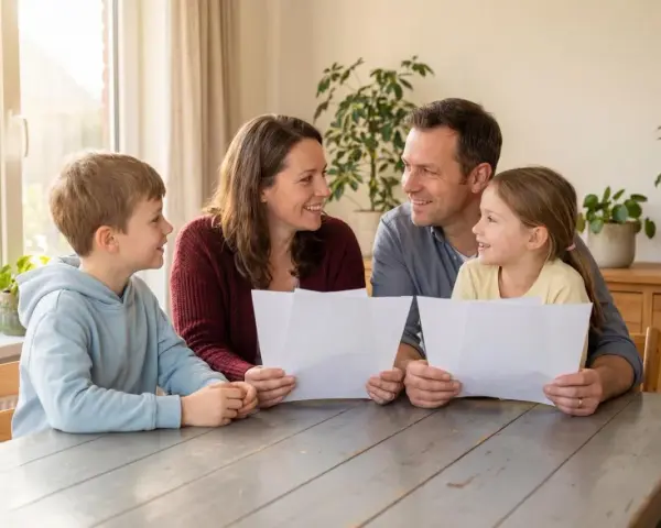 Familie bespricht Dokumente, vielleicht zur Absicherung des Bezugsrechts einer Lebensversicherung.
