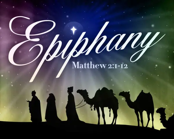 Silhouettes of the Three Wise Men on camels journey under a starry sky, illustrating Catholic homilies on the Epiphany.