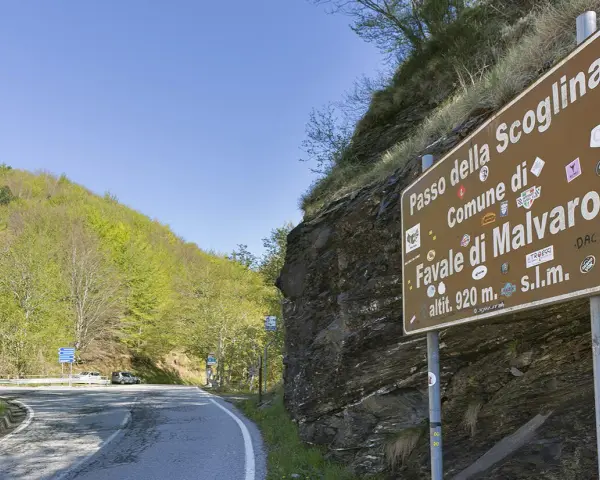 Cartello stradale indica "Passo della Scoglina, Favale di Malvaro, altit. 920 m. s.l.m." su una strada di montagna con vegetazione lussureggiante.