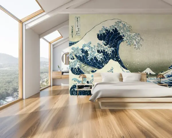 Camera da letto idee originali con un murale ispirato alla Grande Onda di Kanagawa. Un letto moderno e finestre panoramiche completano l'ambiente.